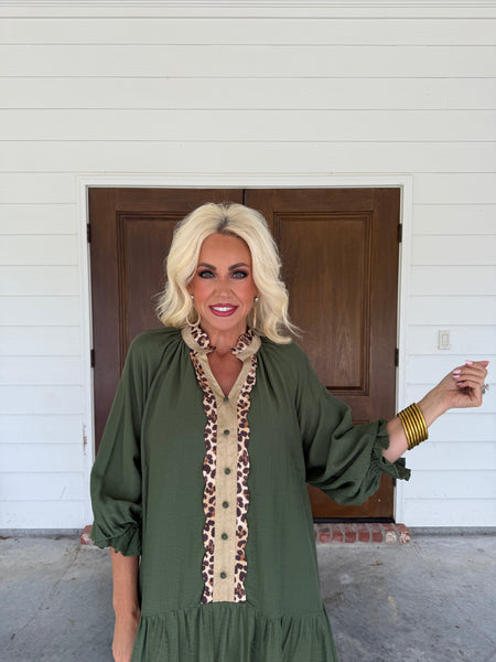 Olive Leopard Trim Dress