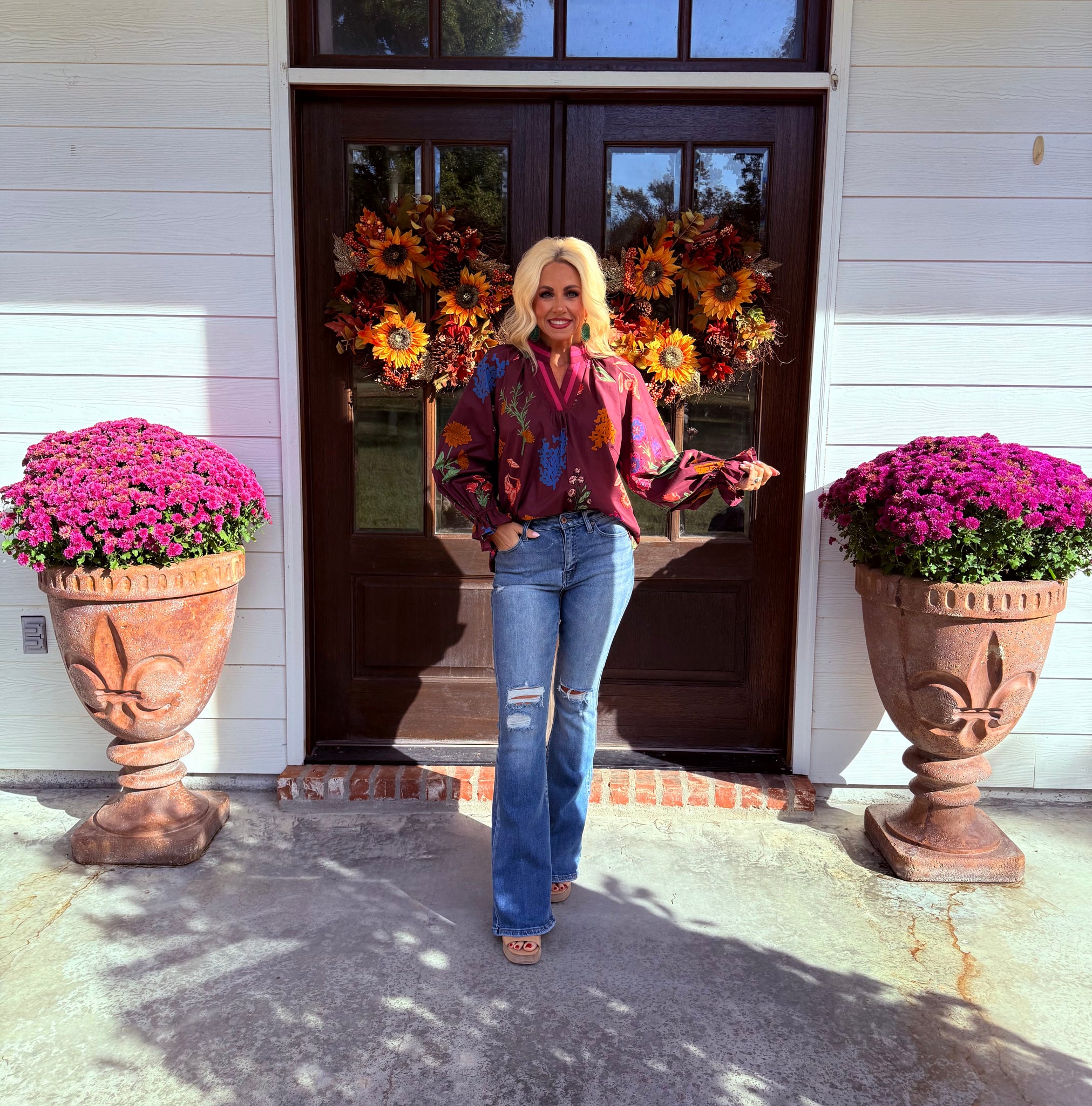 Burgundy Floral V-Neck Top
