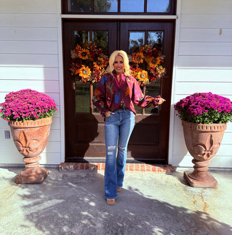 Burgundy Floral V-Neck Top