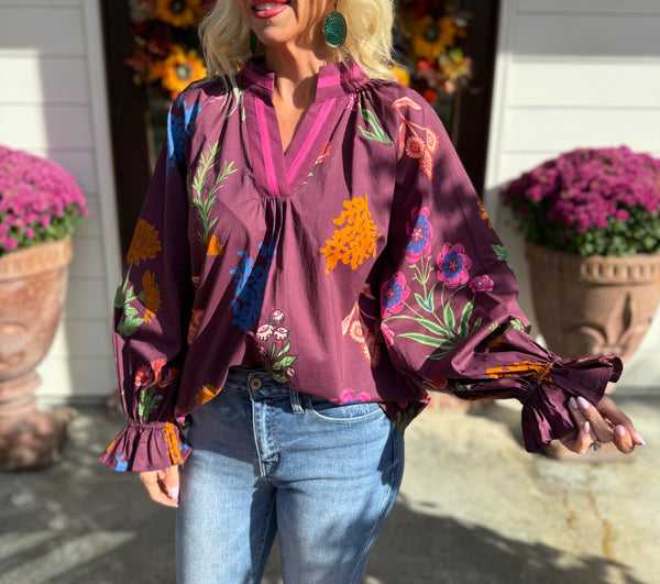 Burgundy Floral V-Neck Top