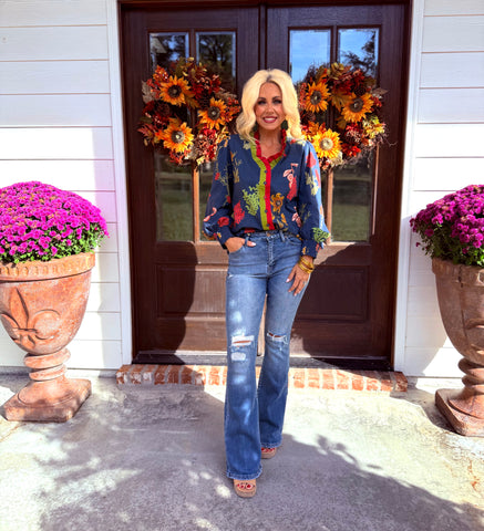 Navy Floral Ruffle Neck Top