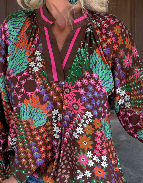 Brown Floral Mix Top
