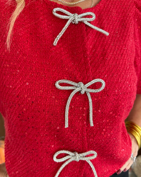 Red Sequin Tweed Top