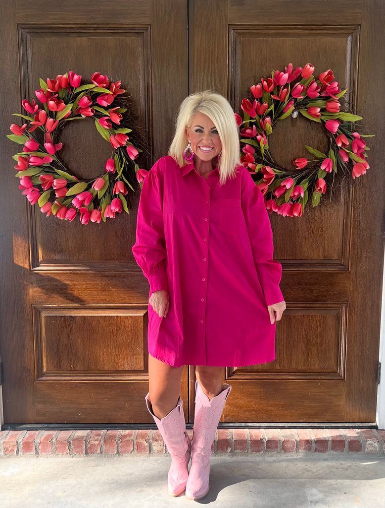 hot pink collared dress Hot Pink Textured Solid Collared V Neck Sleeveless Dress *FINAL SALE*