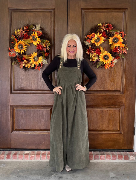 Olive Corduroy Overalls